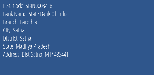 State Bank Of India Barethia Branch Satna IFSC Code SBIN0008418