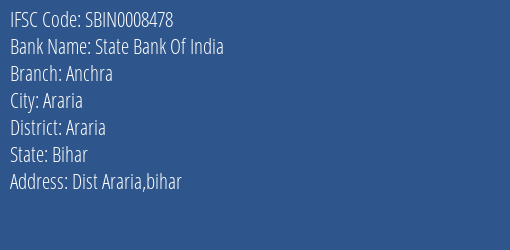 State Bank Of India Anchra Branch Araria IFSC Code SBIN0008478