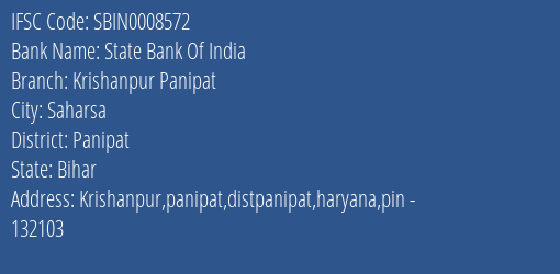 State Bank Of India Krishanpur Panipat Branch Panipat IFSC Code SBIN0008572