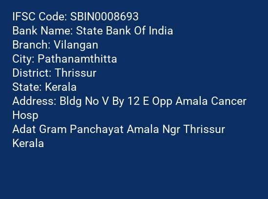 State Bank Of India Vilangan Branch IFSC Code
