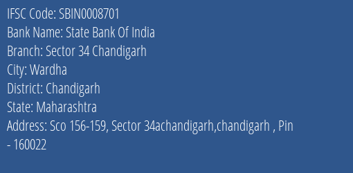 State Bank Of India Sector 34 Chandigarh Branch Chandigarh IFSC Code SBIN0008701