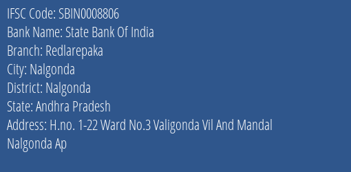 State Bank Of India Redlarepaka Branch, Branch Code 008806 & IFSC Code SBIN0008806