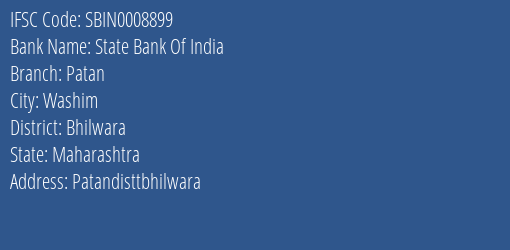 State Bank Of India Patan Branch Bhilwara IFSC Code SBIN0008899