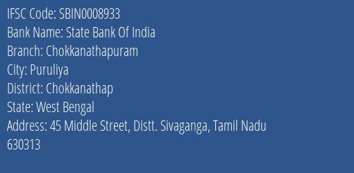 State Bank Of India Chokkanathapuram Branch Chokkanathap IFSC Code SBIN0008933