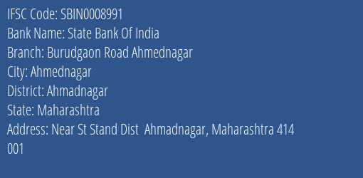 State Bank Of India Burudgaon Road Ahmednagar Branch, Branch Code 008991 & IFSC Code SBIN0008991