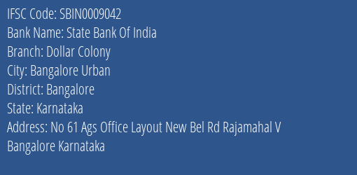 State Bank Of India Dollar Colony Branch Bangalore IFSC Code SBIN0009042