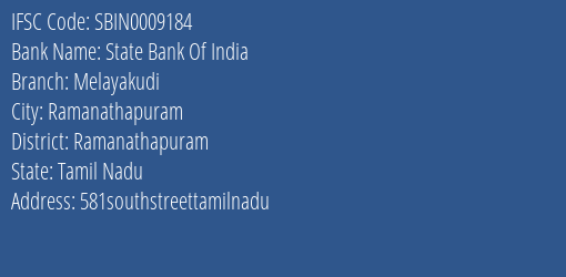 State Bank Of India Melayakudi Branch Ramanathapuram IFSC Code SBIN0009184