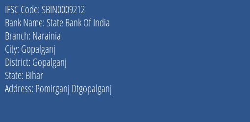 State Bank Of India Narainia Branch Gopalganj IFSC Code SBIN0009212