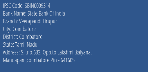 State Bank Of India Veerapandi Tirupur Branch, Branch Code 009314 & IFSC Code Sbin0009314