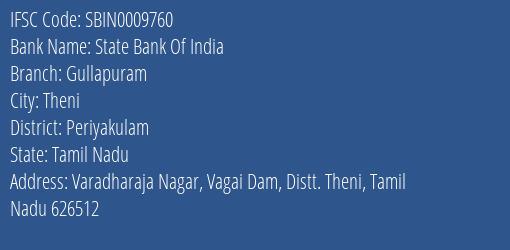 State Bank Of India Gullapuram Branch Periyakulam IFSC Code SBIN0009760