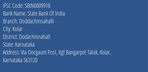 State Bank Of India Doddachinnahalli Branch Dodachinnahall IFSC Code SBIN0009918