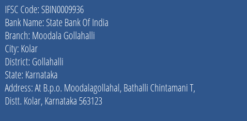 State Bank Of India Moodala Gollahalli Branch, Branch Code 009936 & IFSC Code Sbin0009936