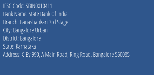 State Bank Of India Banashankari 3rd Stage Branch Bangalore IFSC Code SBIN0010411
