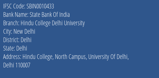 State Bank Of India Hindu College Delhi University Branch, Branch Code 010433 & IFSC Code SBIN0010433
