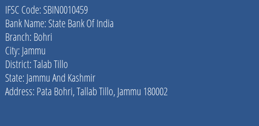 State Bank Of India Bohri Branch Talab Tillo IFSC Code SBIN0010459