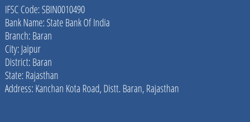State Bank Of India Baran Branch, Branch Code 010490 & IFSC Code SBIN0010490