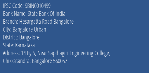 State Bank Of India Hesargatta Road Bangalore Branch Bangalore IFSC Code SBIN0010499