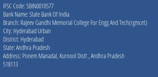 State Bank Of India Rajeev Gandhi Memorial College For Engg And Tech Rgmcet Branch Hyderabad IFSC Code SBIN0010577