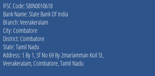 State Bank Of India Veerakeralam Branch Coimbatore IFSC Code SBIN0010618