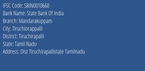 State Bank Of India Mandarakuppam Branch Tiruchirapalli IFSC Code SBIN0010660