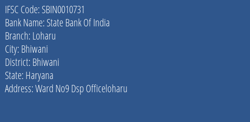 State Bank Of India Loharu Branch, Branch Code 010731 & IFSC Code SBIN0010731