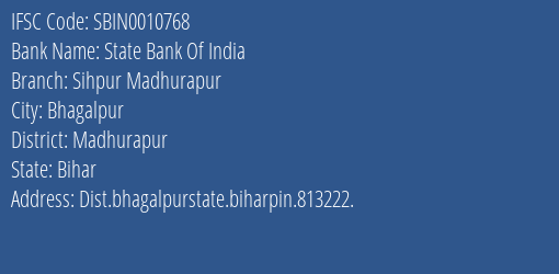 State Bank Of India Sihpur Madhurapur Branch, Branch Code 010768 & IFSC Code Sbin0010768