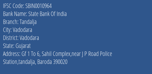 State Bank Of India Tandalja Branch, Branch Code 010964 & IFSC Code SBIN0010964