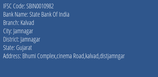 State Bank Of India Kalvad Branch, Branch Code 010982 & IFSC Code SBIN0010982