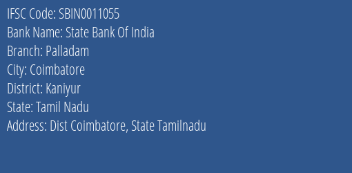State Bank Of India Palladam Branch Kaniyur IFSC Code SBIN0011055