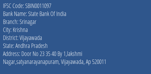 State Bank Of India Srinagar Branch, Branch Code 011097 & IFSC Code SBIN0011097