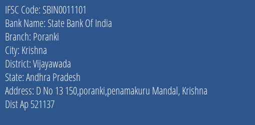 State Bank Of India Poranki Branch, Branch Code 011101 & IFSC Code SBIN0011101