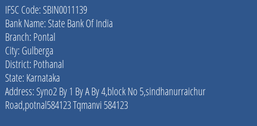 State Bank Of India Pontal Branch Pothanal IFSC Code SBIN0011139
