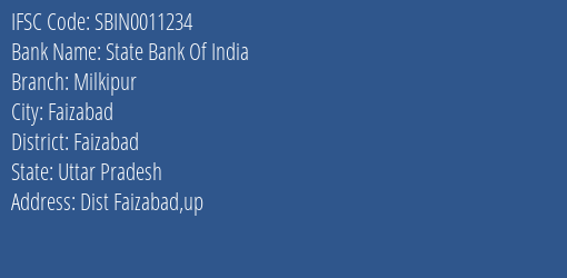 State Bank Of India Milkipur Branch Faizabad IFSC Code SBIN0011234