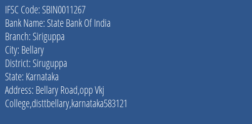 State Bank Of India Siriguppa Branch Siruguppa IFSC Code SBIN0011267