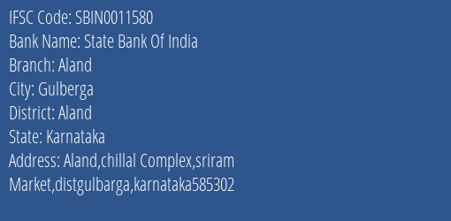 State Bank Of India Aland Branch Aland IFSC Code SBIN0011580