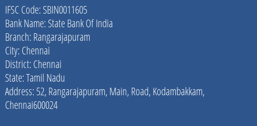 State Bank Of India Rangarajapuram Branch Chennai IFSC Code SBIN0011605