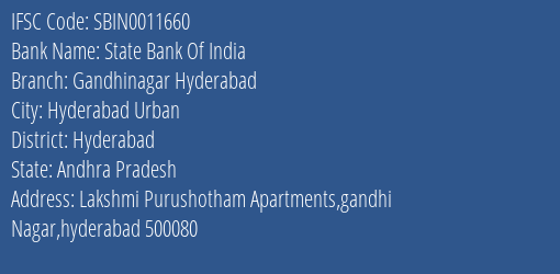 State Bank Of India Gandhinagar Hyderabad Branch Hyderabad IFSC Code SBIN0011660