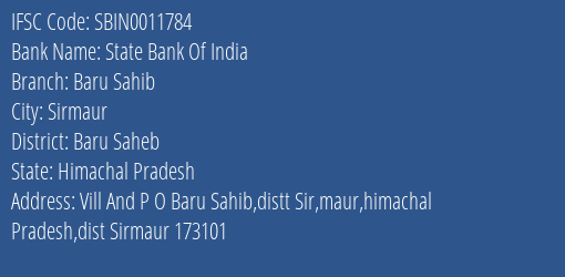 State Bank Of India Baru Sahib Branch Baru Saheb IFSC Code SBIN0011784