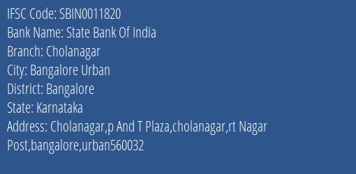 State Bank Of India Cholanagar Branch Bangalore IFSC Code SBIN0011820