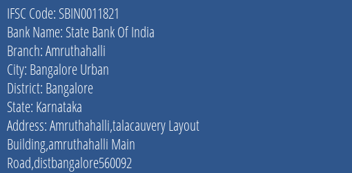State Bank Of India Amruthahalli Branch Bangalore IFSC Code SBIN0011821