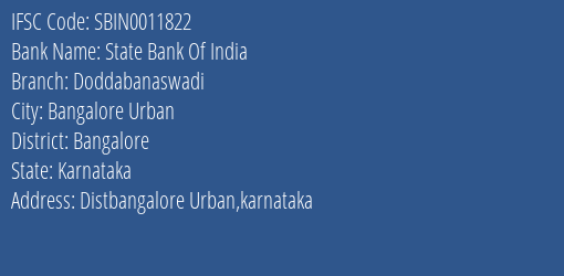 State Bank Of India Doddabanaswadi Branch Bangalore IFSC Code SBIN0011822