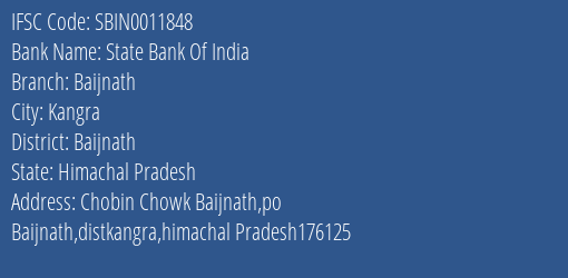 State Bank Of India Baijnath Branch Baijnath IFSC Code SBIN0011848