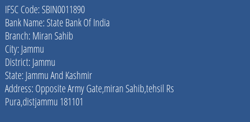 State Bank Of India Miran Sahib Branch Jammu IFSC Code SBIN0011890
