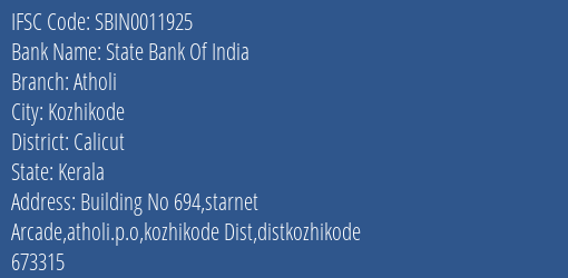 State Bank Of India Atholi Branch IFSC Code