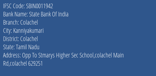 State Bank Of India Colachel Branch, Branch Code 011942 & IFSC Code Sbin0011942