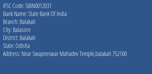 State Bank Of India Balakati Branch Balakati IFSC Code SBIN0012031