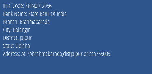 State Bank Of India Brahmabarada Branch Jajpur IFSC Code SBIN0012056