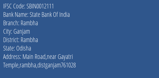 State Bank Of India Rambha Branch Rambha IFSC Code SBIN0012111