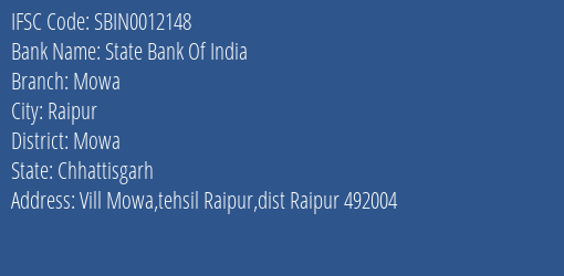 State Bank Of India Mowa Branch Mowa IFSC Code SBIN0012148