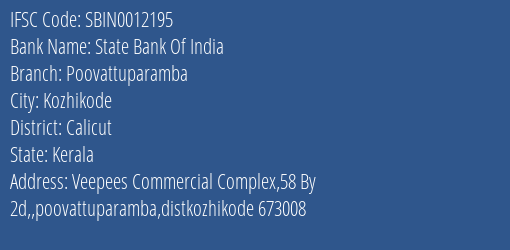 State Bank Of India Poovattuparamba Branch IFSC Code